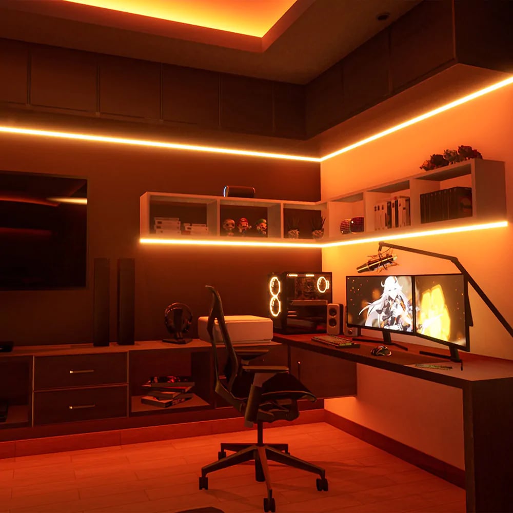 Warm orange LED strip lighting installed around a modern home office