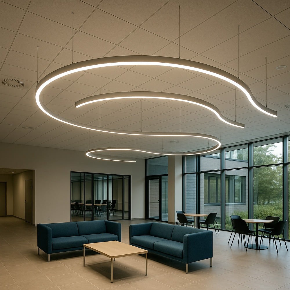 Suspended aluminium LED profile shown installed above a seating area
