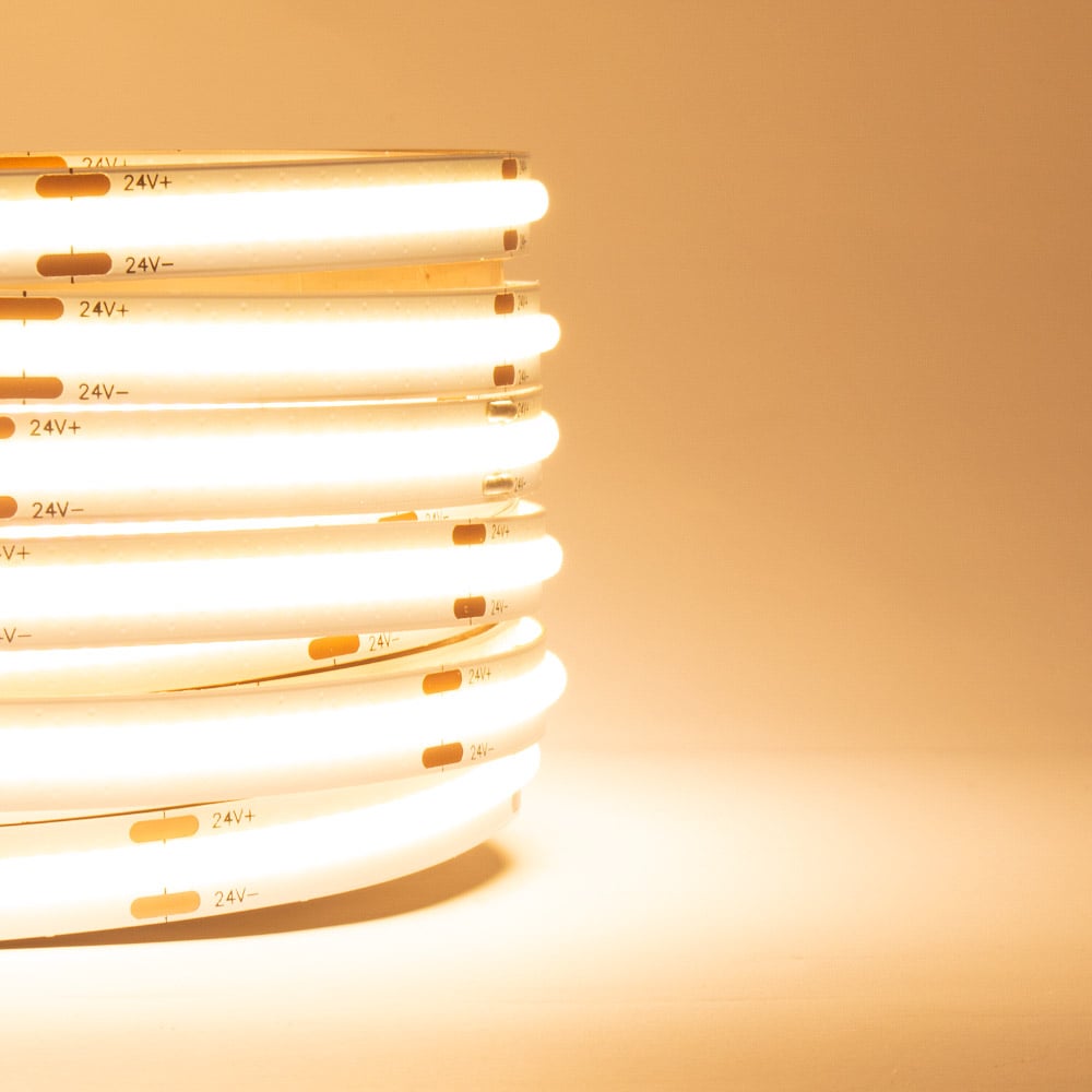 Warm White COB LED Strip Light Close Up lit