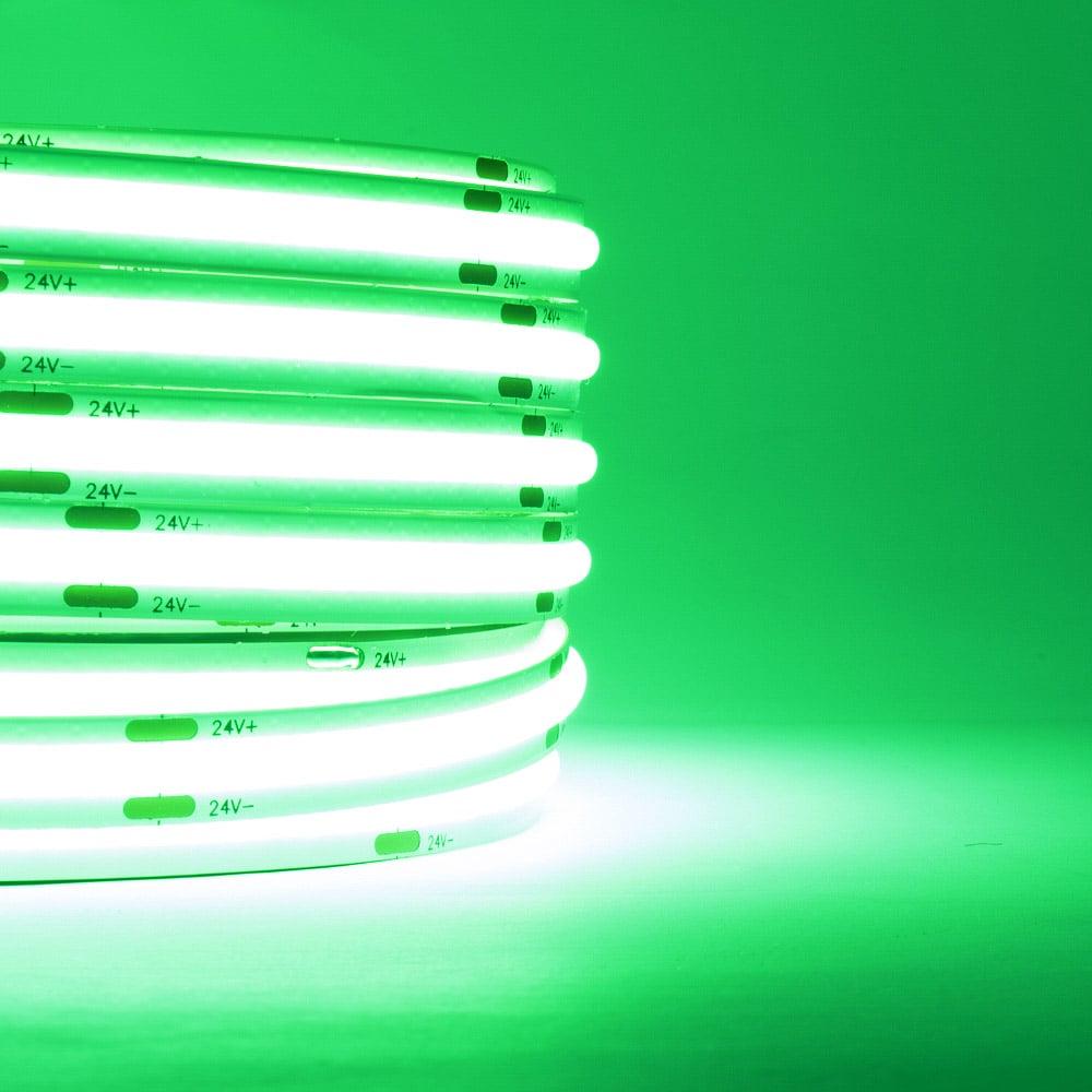 Green Single COB LED Strip Light close up lit
