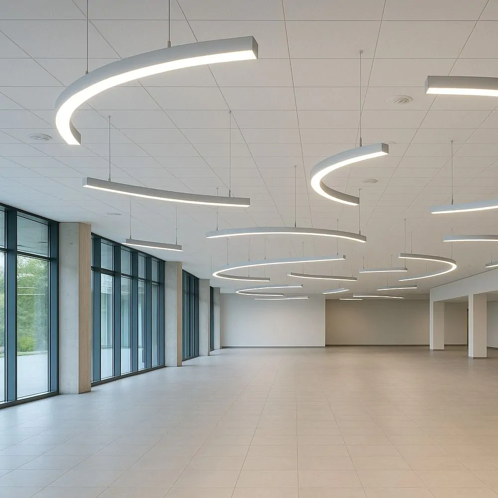 Suspension-mounted bendable LED profile in office reception ceiling