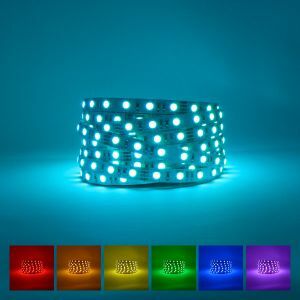 Professional RGB LED Strip on blue background with available colours displayed underneath