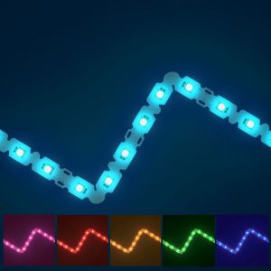 Bendable RGB LED strip on blue background with available colours displayed underneath