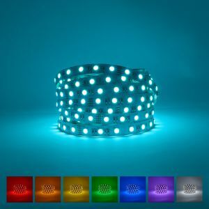 Indoor RGBCW LED Strip on a blue background with available colours displayed underneath