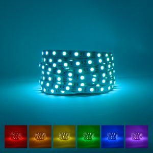 Lifestyle excellence 12V Ip20 rgb led strip on blue background with the available colour displayed underneath
