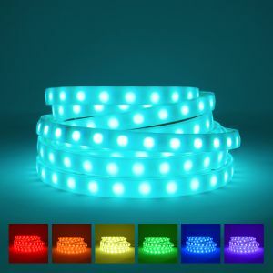 RGB LED Strip with diffuser on blue background with available colours displayed underneath