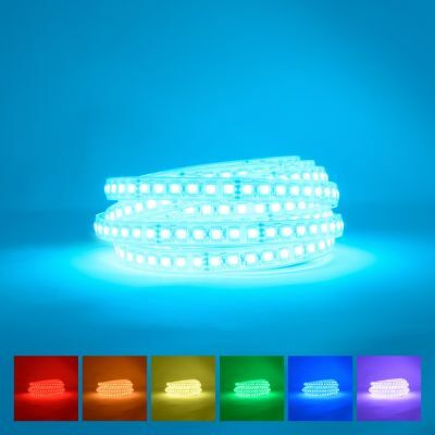 Waterproof Ip68 RGB LED strip coiled on blue background with available colours display underneath