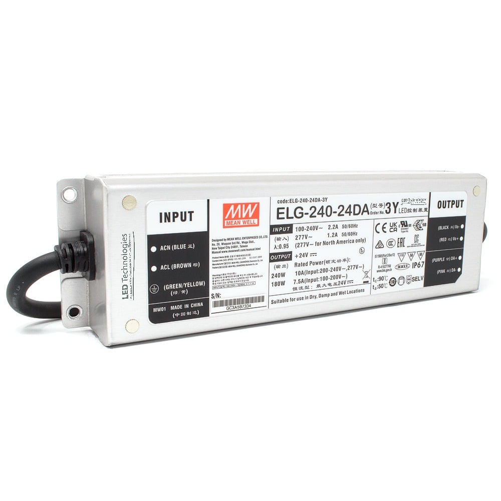 MEAN WELL | ELG-240-24DA-3Y Power Supply (24V, 240W Constant Voltage)
