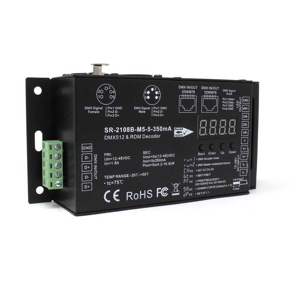 Sunricher DMX Ultra-Pro 5 Channel 350ma C/C DMX Decoder RDM & Master Mode
