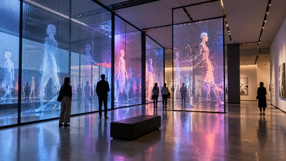 Transparent screen content creating atmosphere in a public space