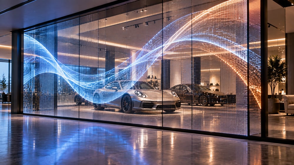 Wide architectural LED screen concept across glass