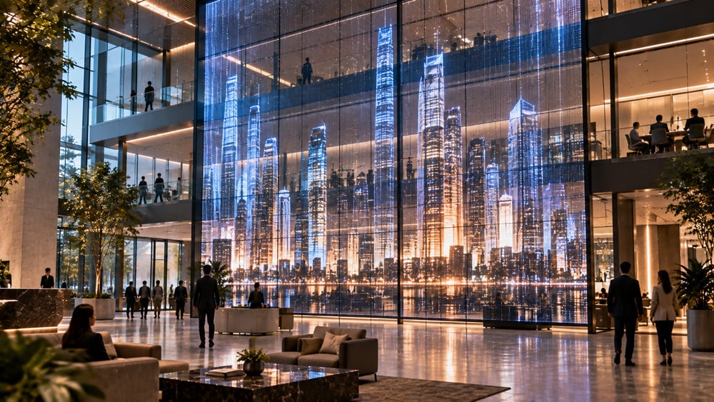 Colourful transparent LED display concept in a modern interior
