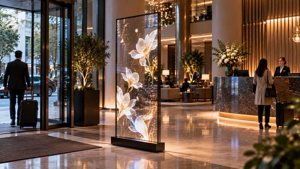 Transparent LED screen concept integrated into a contemporary architectural space