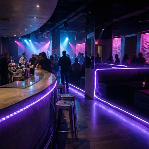 Hospitality venue lit with purple Flexi Rope lighting