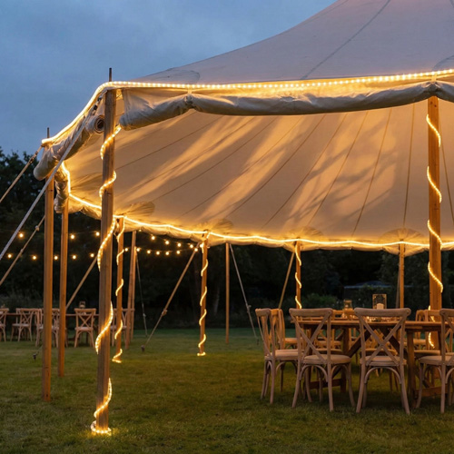 Rope light illuminating an outdoor pathway