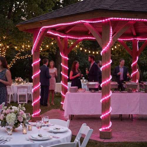 Wedding venue wrapped in pink Flexi Rope lighting