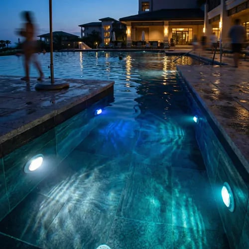 Blue LED pool lighting illuminating an outdoor swimming pool