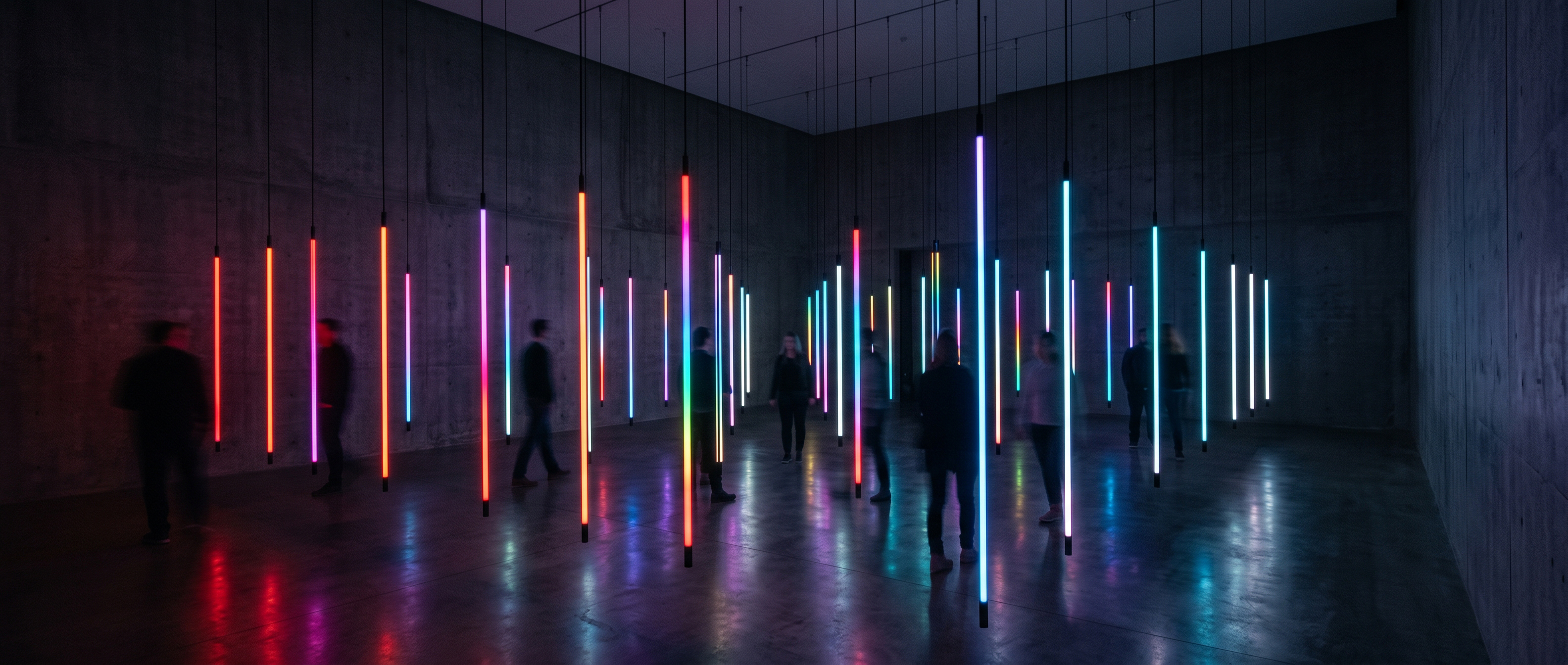 Visitors walking through an immersive NeoLinear LED tube installation