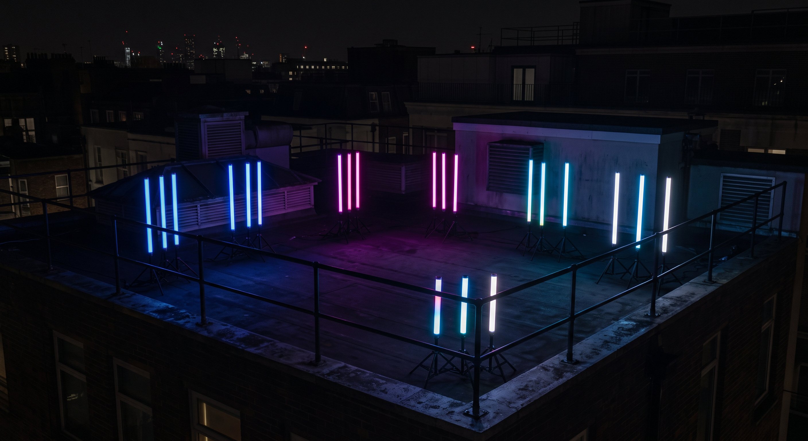 NeoLinear LED tubes arranged across a rooftop at night