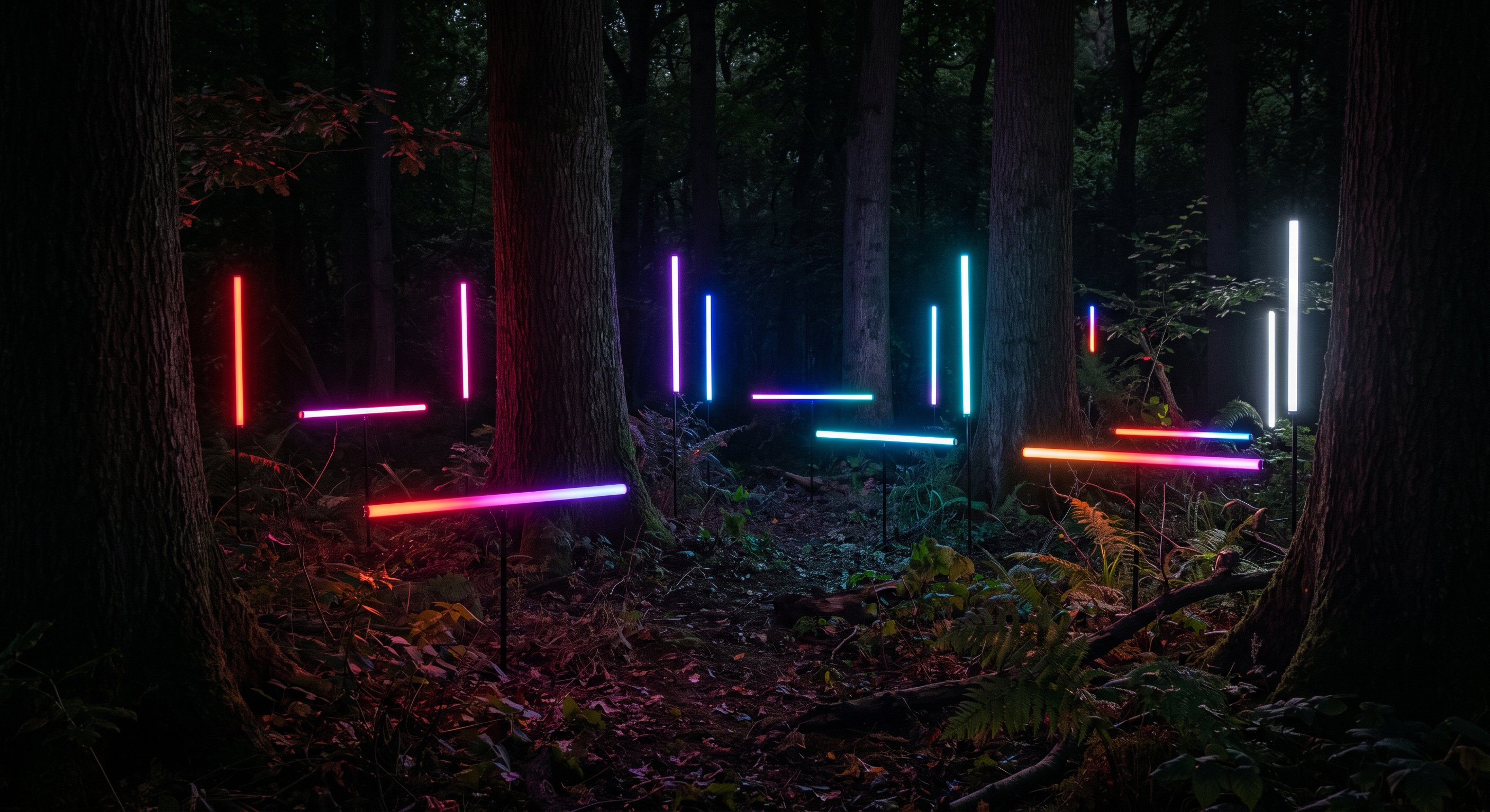 NeoLinear LED tubes positioned vertically and horizontally throughout a woodland