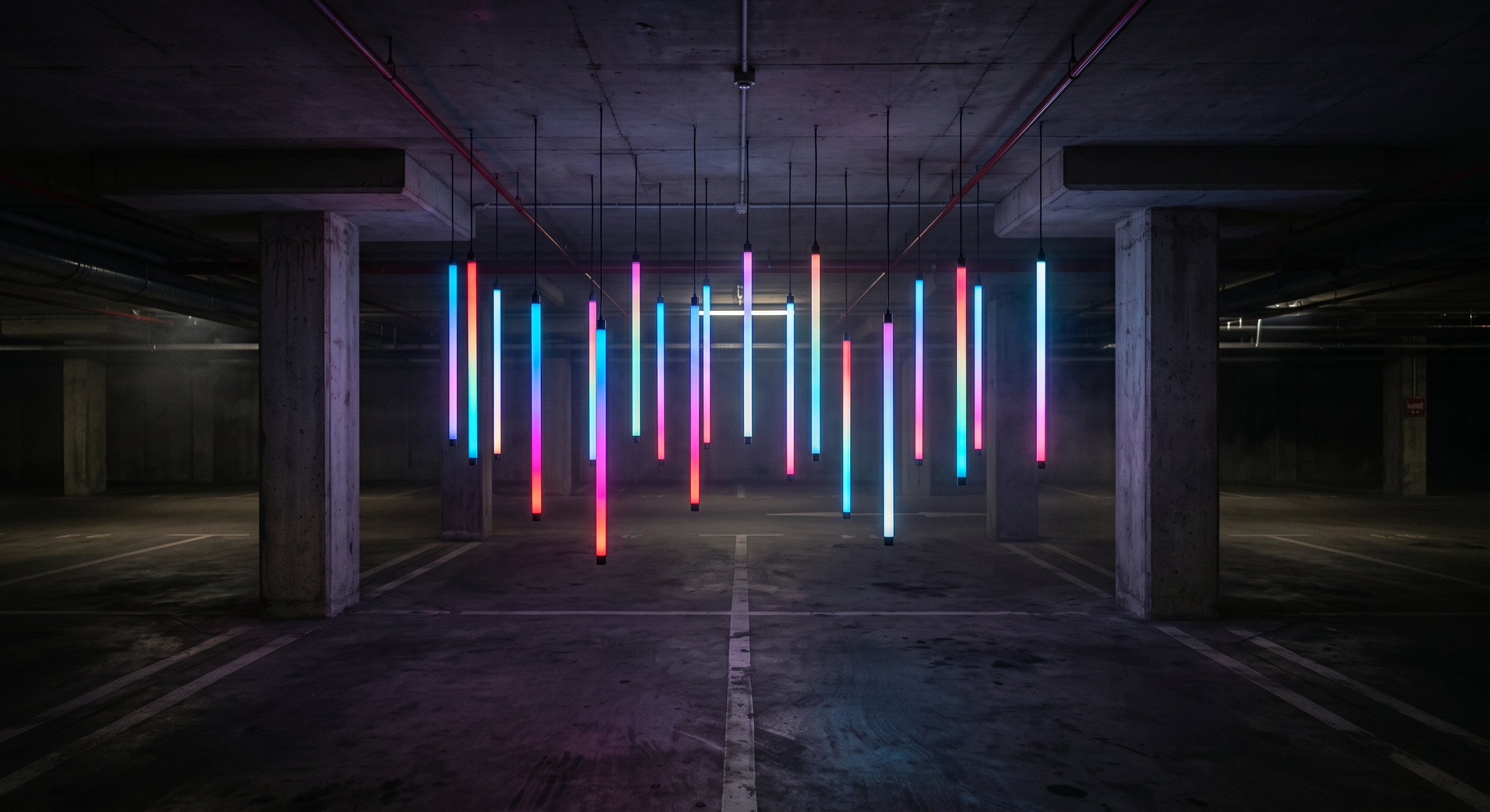 NeoLinear LED tubes suspended in an underground architectural space