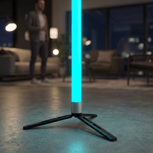 NeoLinear LED tube installed vertically on a tripod floor stand