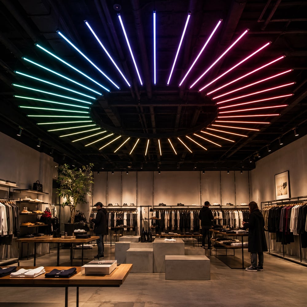 NeoLinear Tubes creating a colourful overhead feature in a retail environment