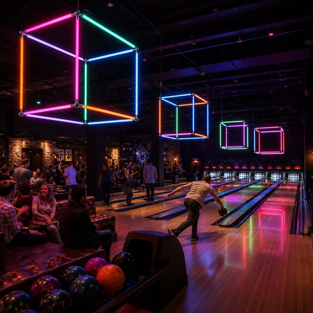 NeoLinear Tubes forming suspended geometric features in a hospitality venue
