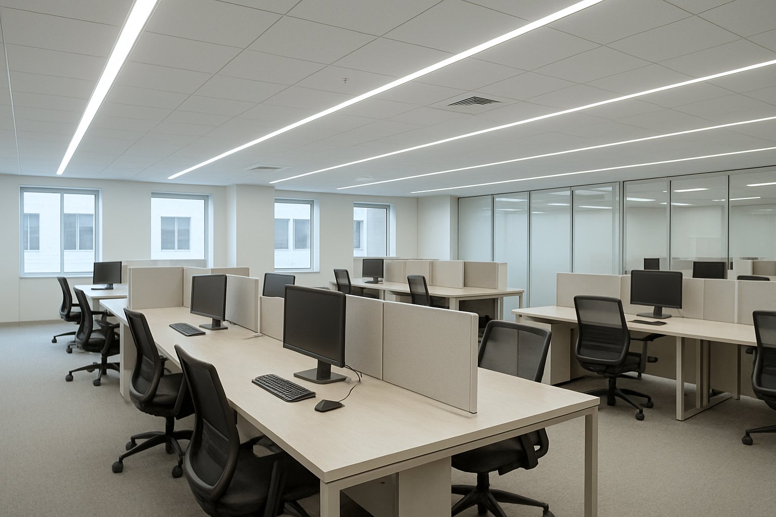 The same office illuminated with cool white linear LED lighting
