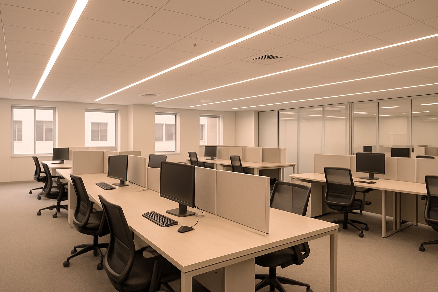 An office illuminated with warm white linear LED lighting