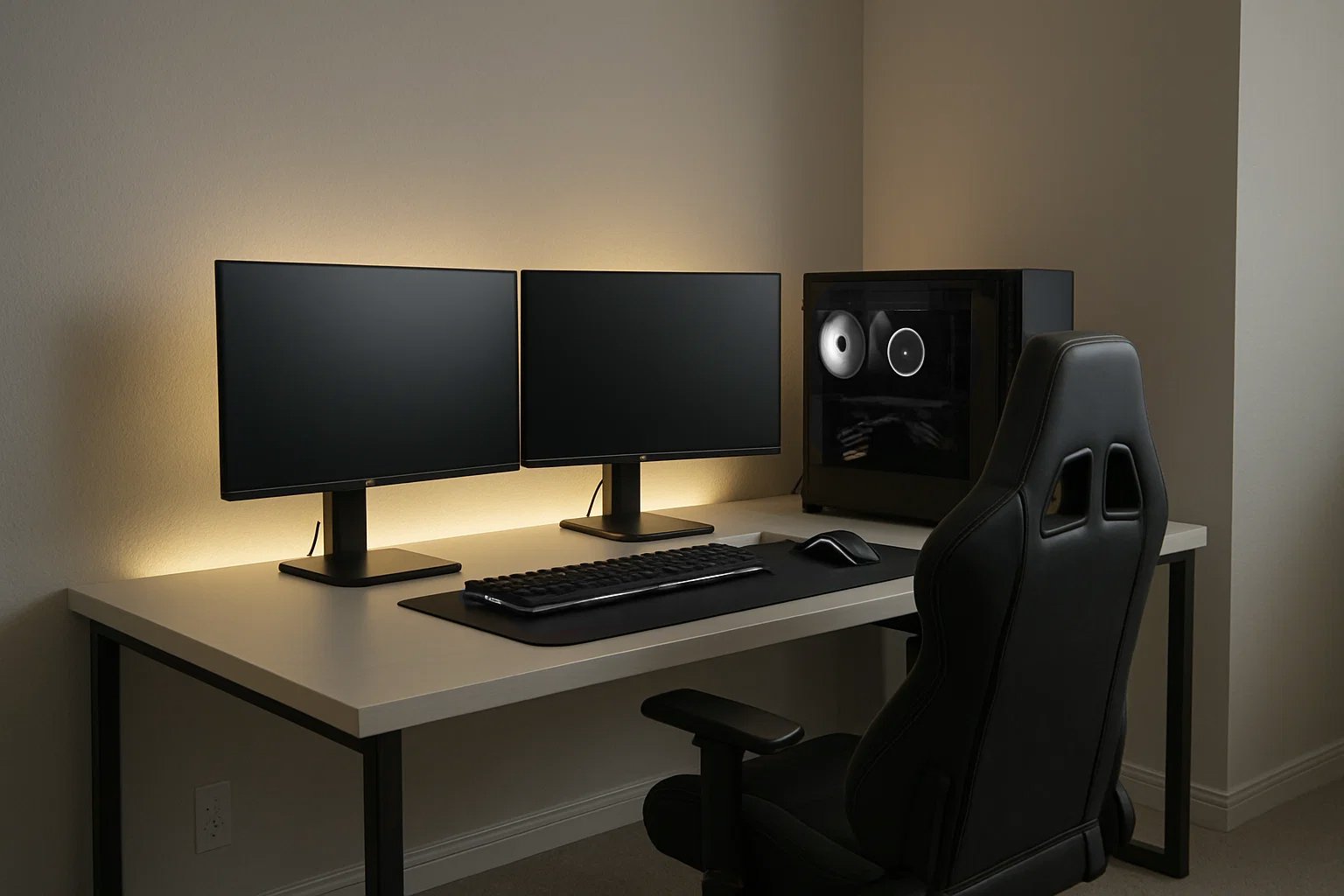 Desk and gaming setup with cyan ambient LED lighting