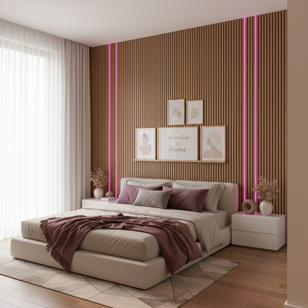 Pink DARKMATTERS lighting beside a bedroom feature wall
