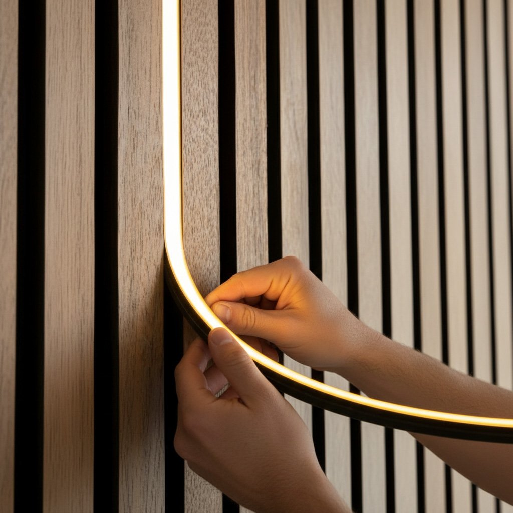DARKMATTERS flexible Neon being pressed between wooden wall slats