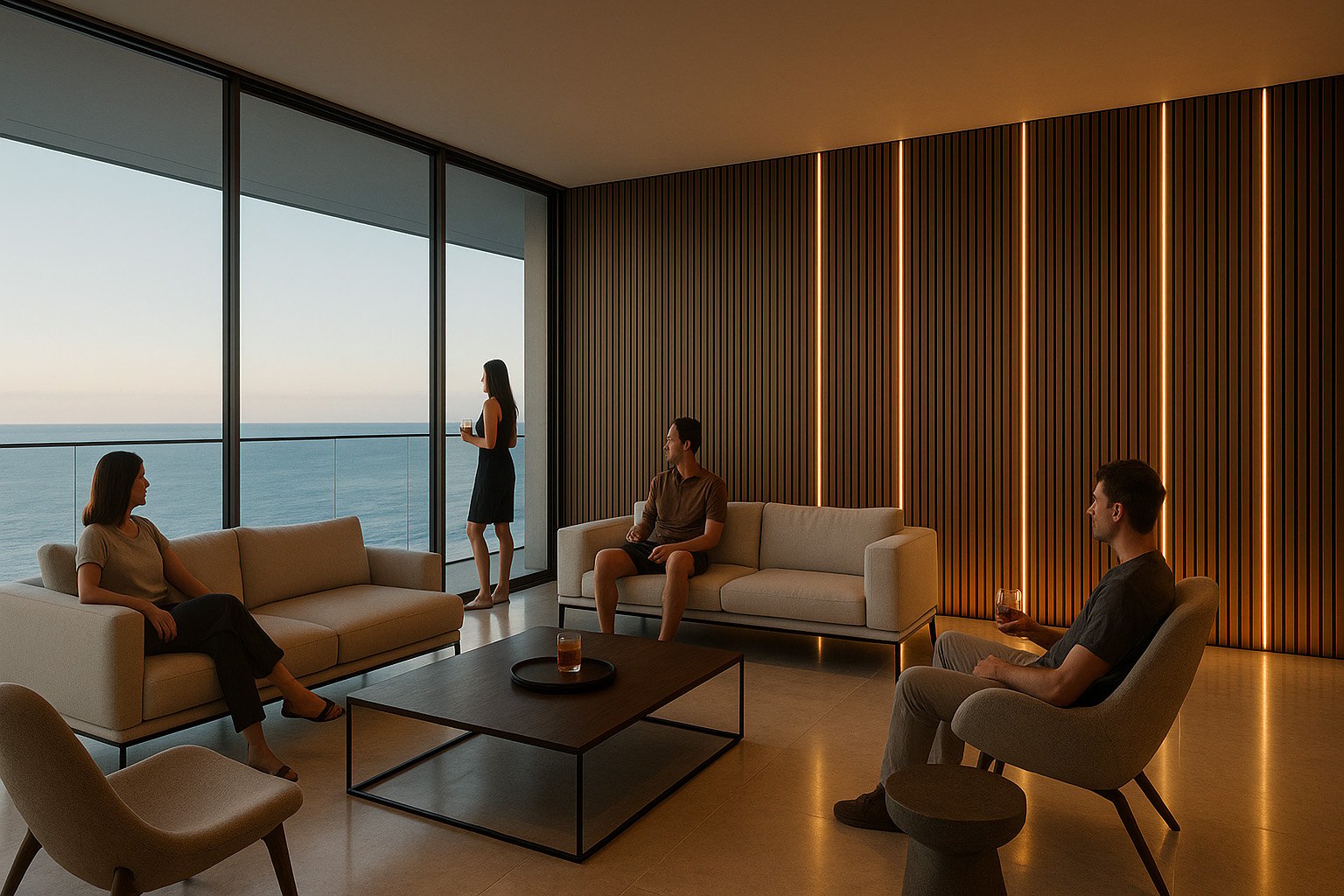 Warm vertical slat wall lighting in a contemporary coastal lounge