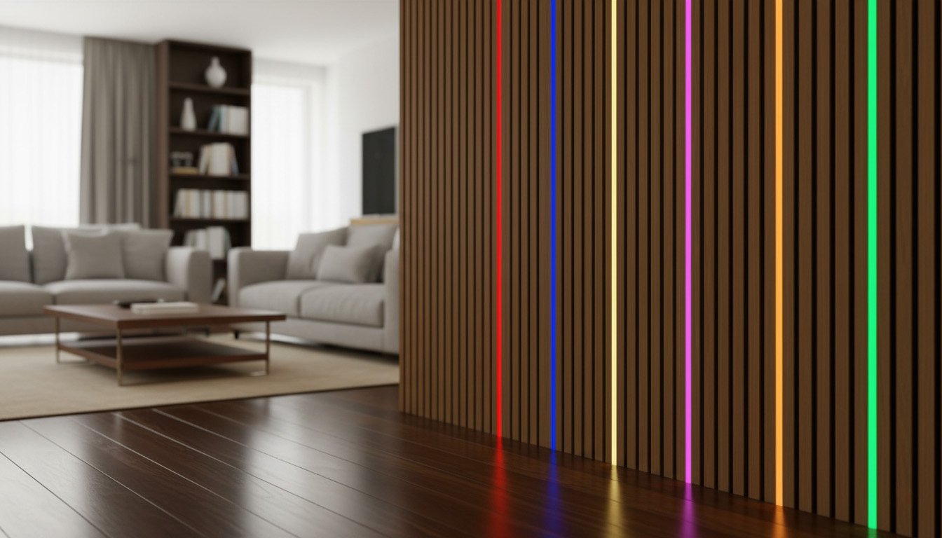 Colourful DARKMATTERS Neon integrated into a contemporary timber feature wall