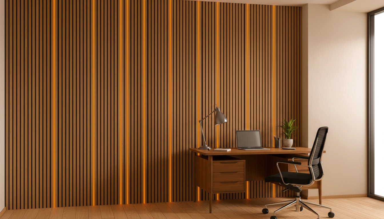 Warm orange slat wall lighting in a refined home office