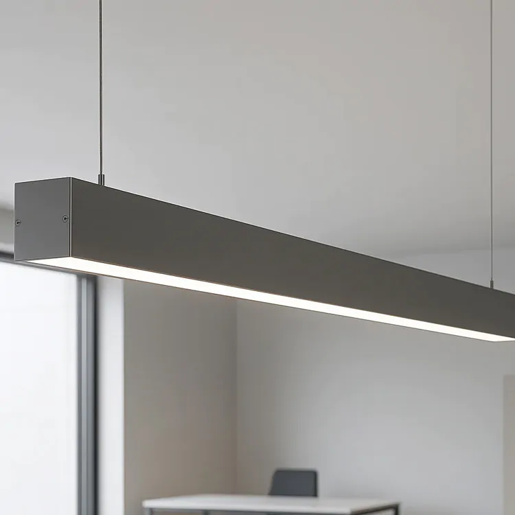 ModularLite suspended aluminium LED grid profile installed over retail shop floor — premium overhead lighting