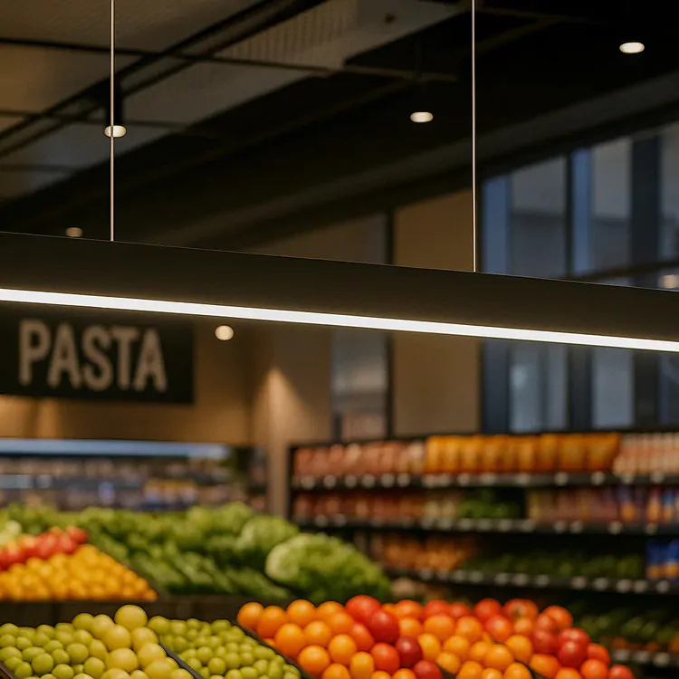 ModularLite 35x35mm anodised aluminium LED profile forming a cross-connector in a suspended ceiling grid