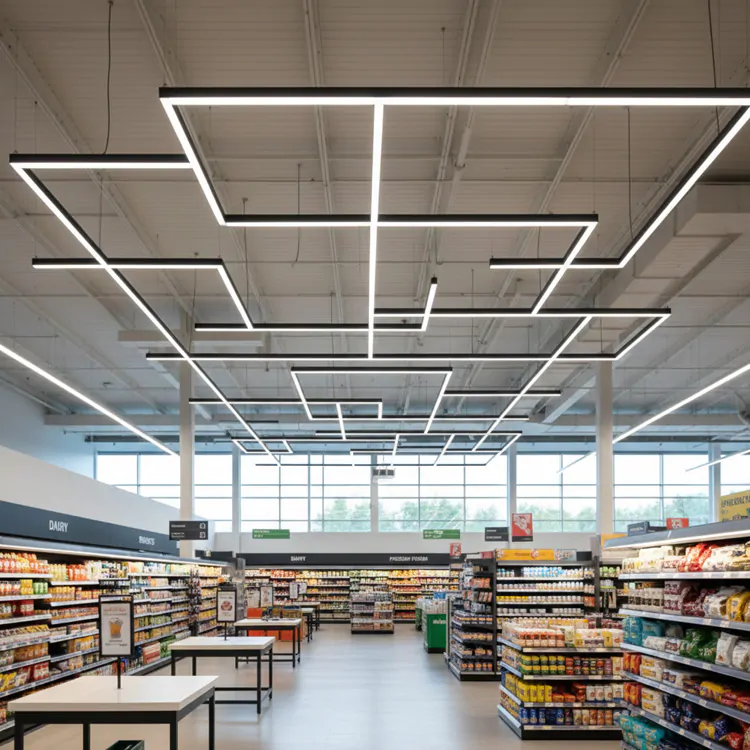 Suspended ModularLite LED lighting grid forming a geometric ceiling feature in a boutique retail environment