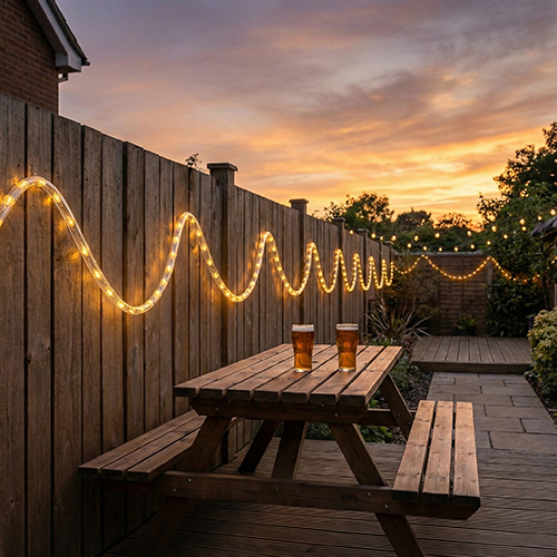 Flexi LED rope lights strung across a pub beer garden outdoor terrace at dusk