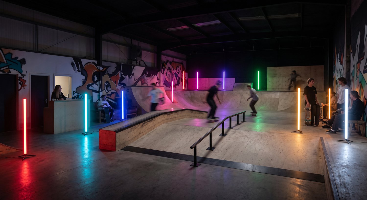 NeoLinear Tubes installed in an indoor skatepark